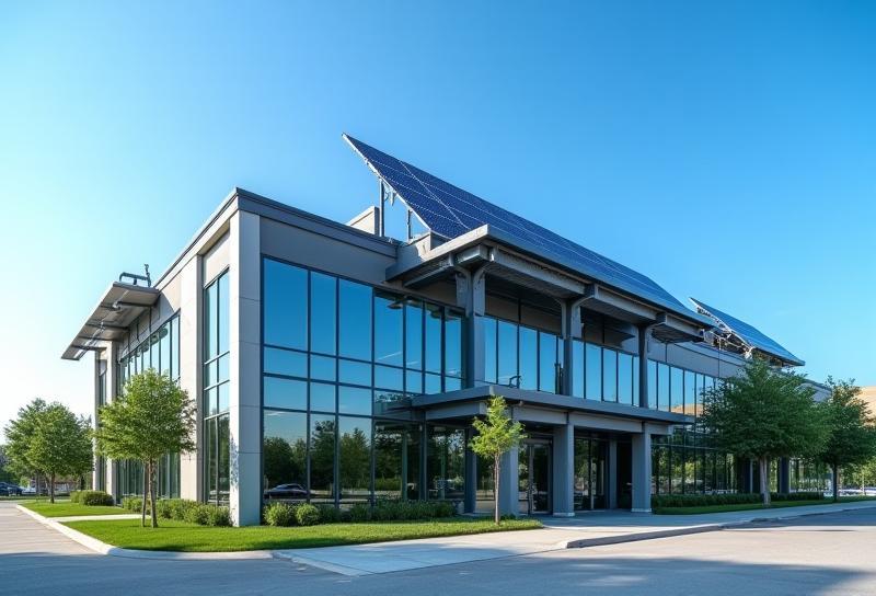 Exterior view of the IberSol Sistemas office building with solar panels installed