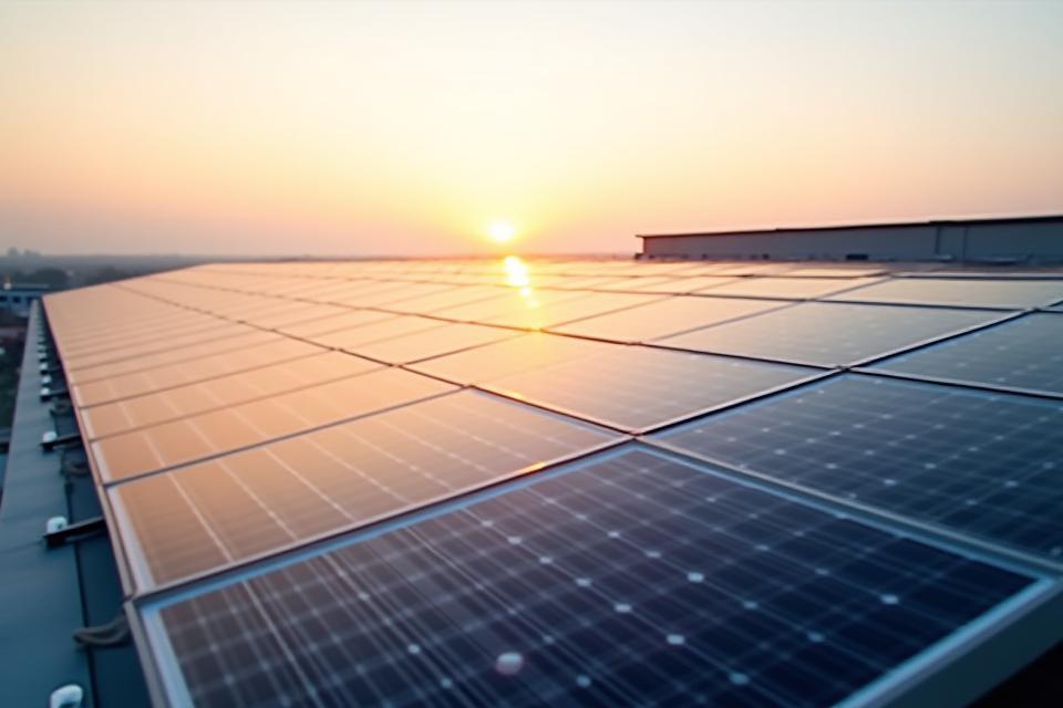 Sunrise over solar panels on a rooftop, representing potential and new beginnings.
